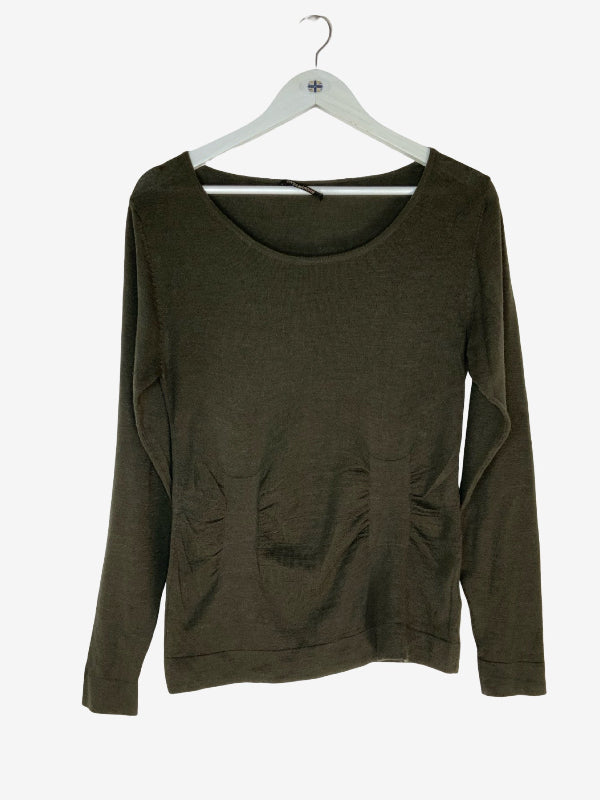An olive green long-sleeve top with a wide scoop neckline, hanging on a white hanger against a light gray background.