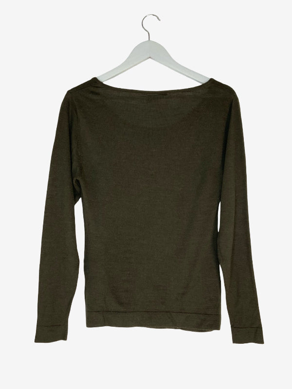 An olive green long-sleeve top with a wide boat neckline, hanging on a white plastic hanger against a light gray background.