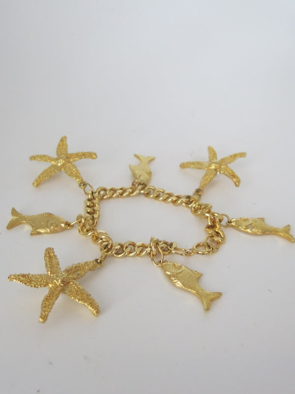 Gold Fish and Starfish Pearl Charm Bracelet