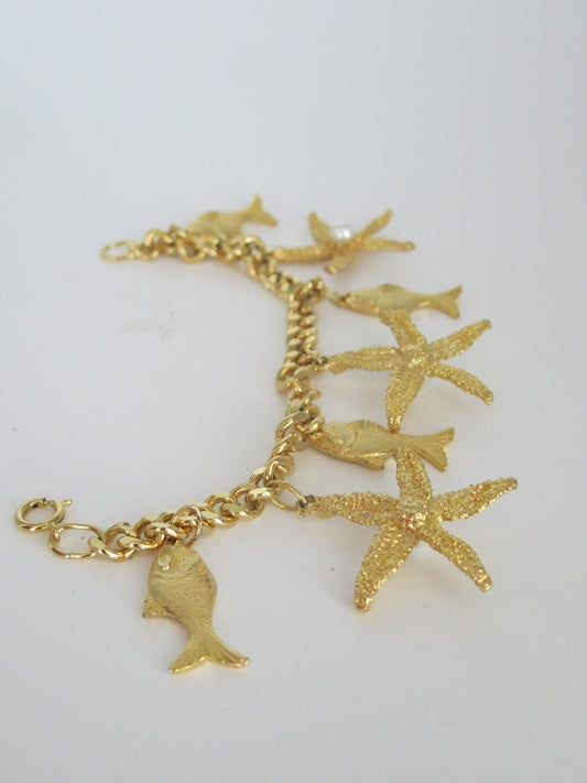 Gold Fish and Starfish Pearl Charm Bracelet