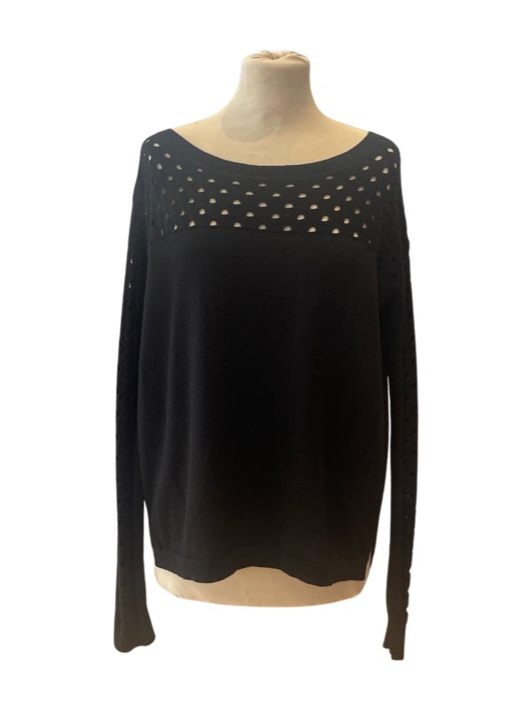 Ladies jumper black with round neck and holes detail around the neck