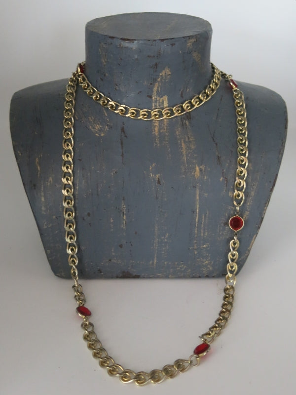 Red Crystal Bezel Set Long Gold Chain Necklace