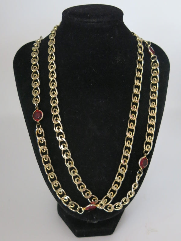 Red Crystal Bezel Set Long Gold Chain Necklace