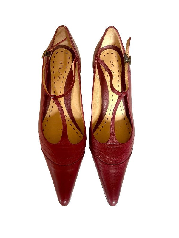 A pair of pointed-toe Mary Jane pumps in burgundy leather with ankle straps and gold-tone buckles, shown from a top-down view on a white background.