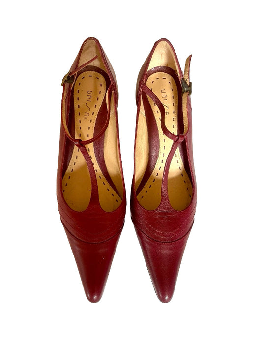 A pair of pointed-toe Mary Jane pumps in burgundy leather with ankle straps and gold-tone buckles, shown from a top-down view on a white background.