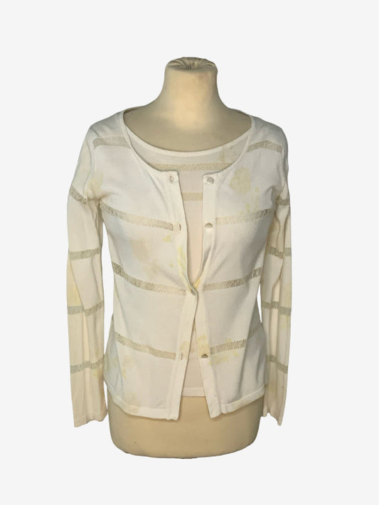 A cream-colored long-sleeve cardigan with horizontal cut out stripes, displayed on a beige mannequin torso against a light gray background.