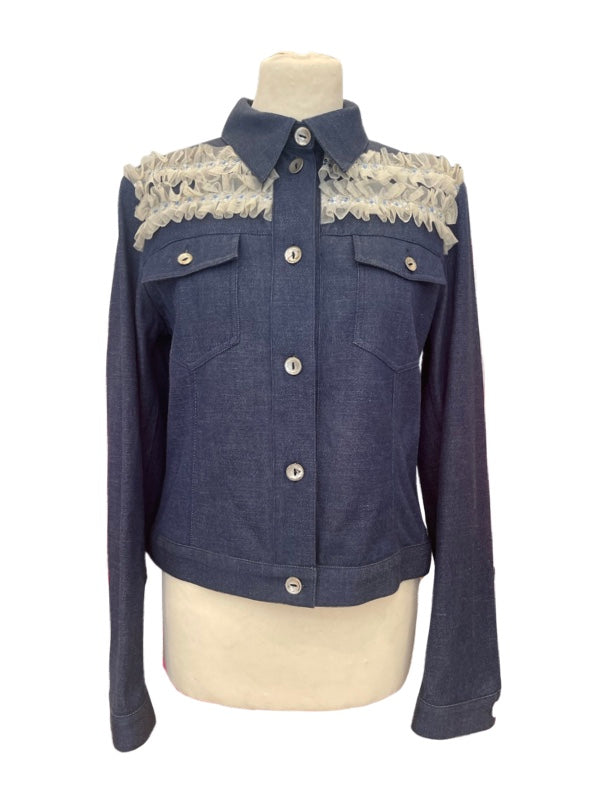 Versus by Versace denim jacket with off white tulle detail at shoulders