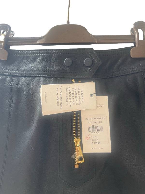 Black real leather skirt with a gold zipper, snap button detail, and retail tags attached, hanging on a hanger.