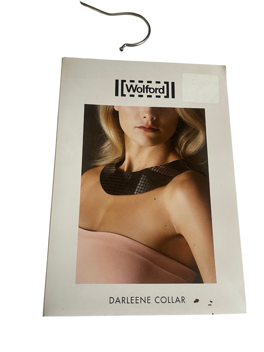 Wolford Darleene Collar packaging card featuring a model wearing the black fishnet collar, with a metal hanger at the top.