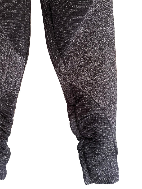 Close-up of dark gray heathered athletic sparkle leggings showing the textured fabric and gathered cuff details on a white background.