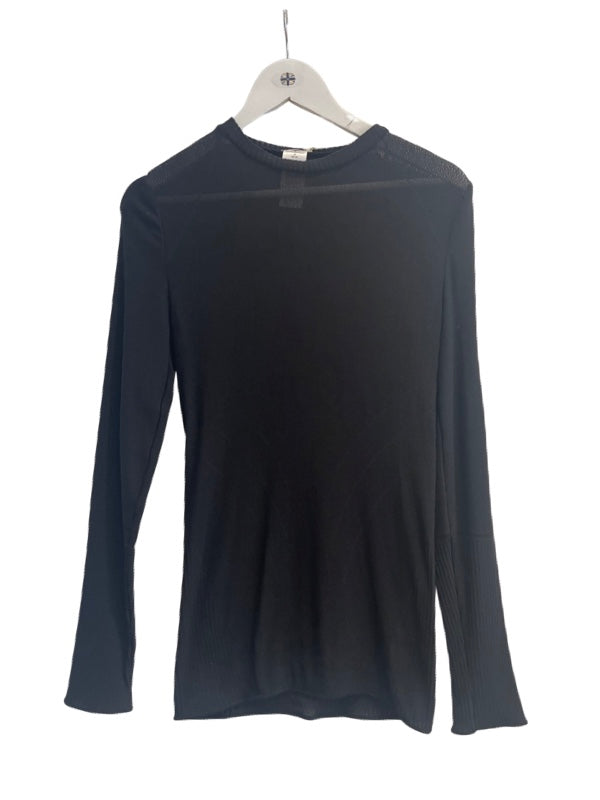 Virgin wool fine black jumper with round neck and long sleeves
