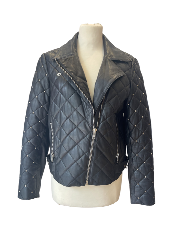 Soft leather quilted biker jacket black