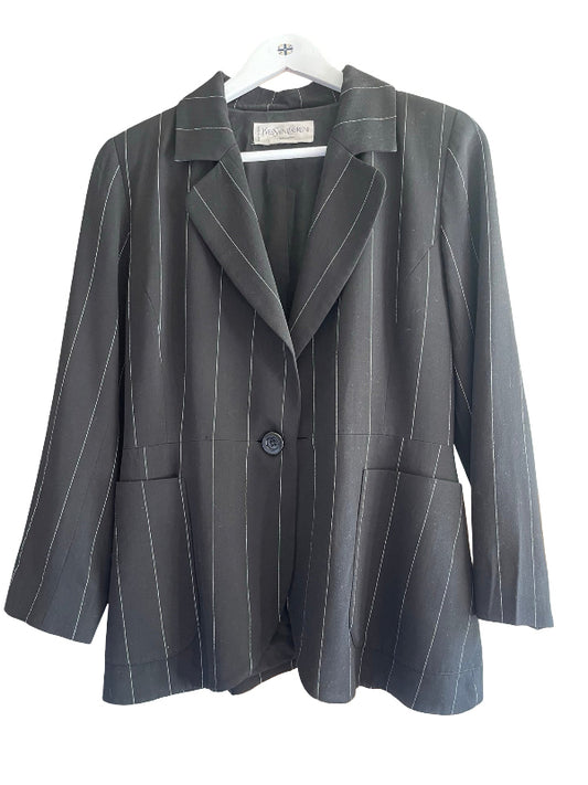 A black pinstripe blazer jacket with a single button closure, displayed on a white hanger against a plain white background.