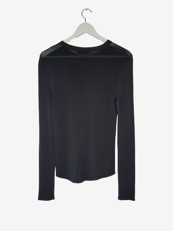 A charcoal long-sleeve crewneck sweater  top hanging on a white hanger against a light gray background.