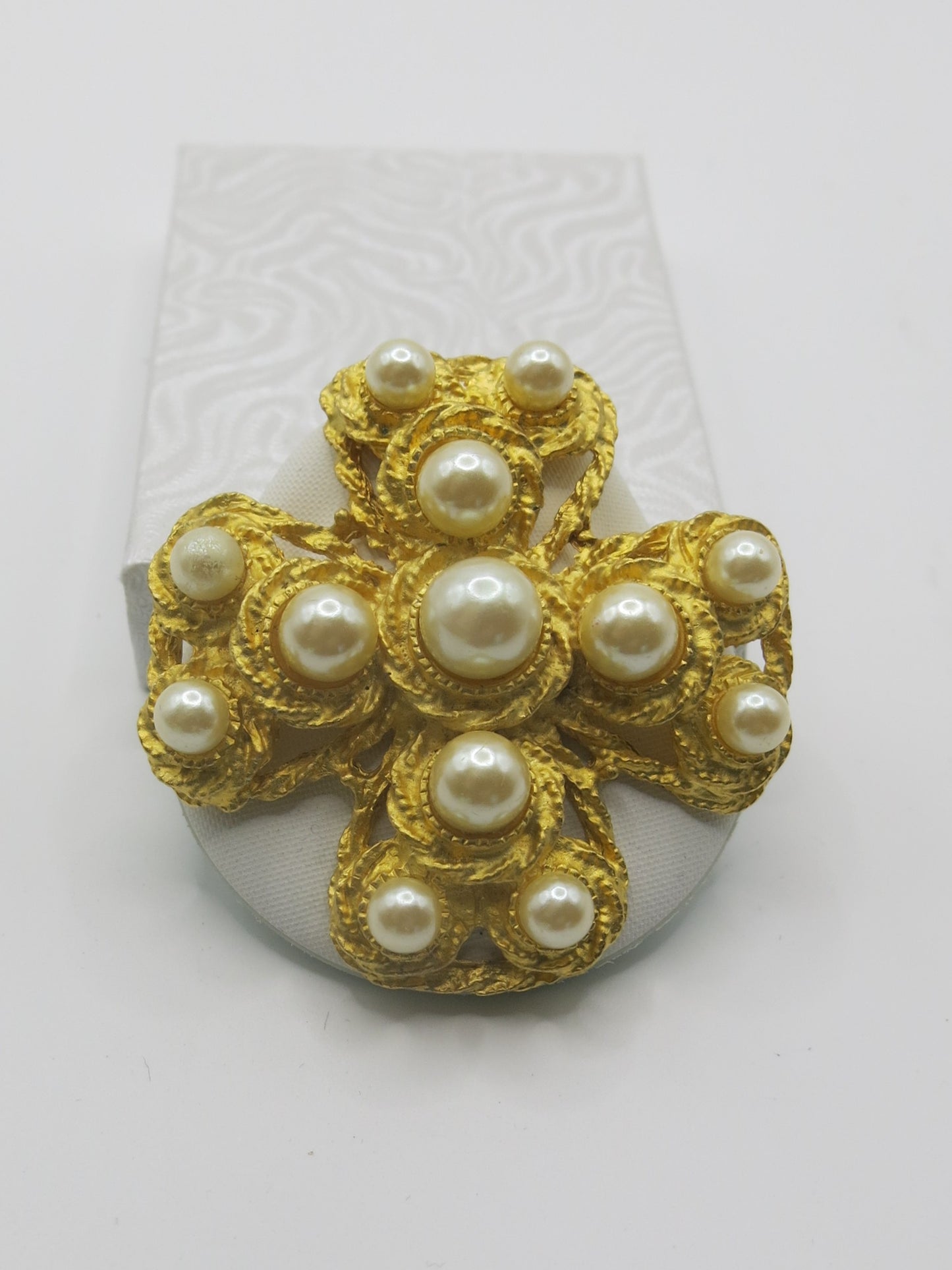 Gold and Pearl Enamel Cross Pin