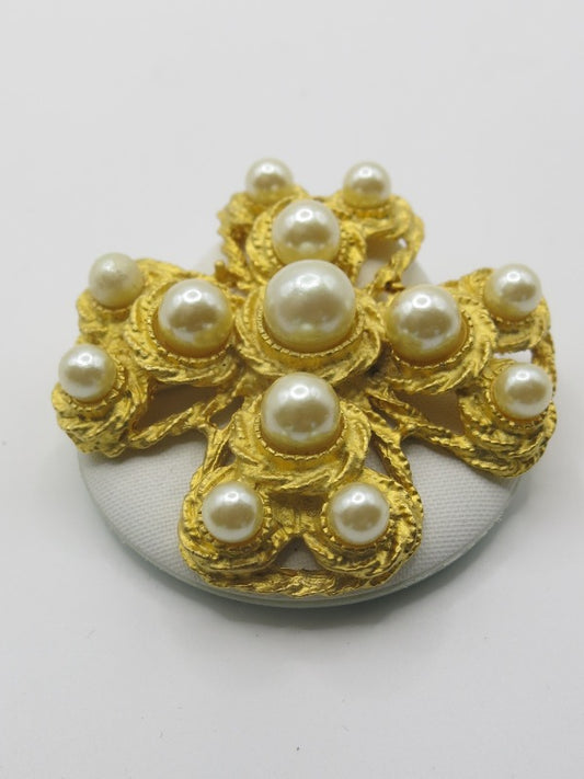 Gold and Pearl Enamel Cross Pin