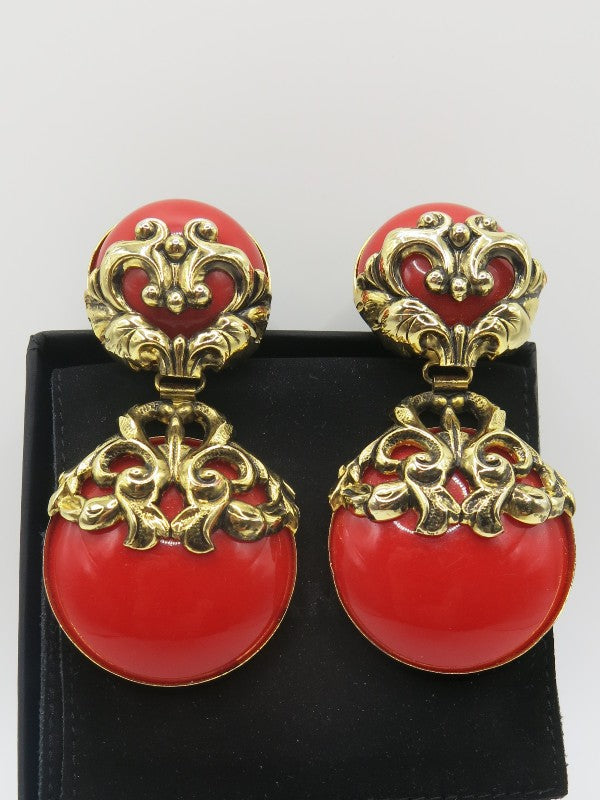 Red enamel big drop earrings with gold filigree